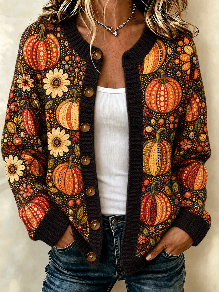 Women's Autumn Pumpkin Floral Print Cardigan