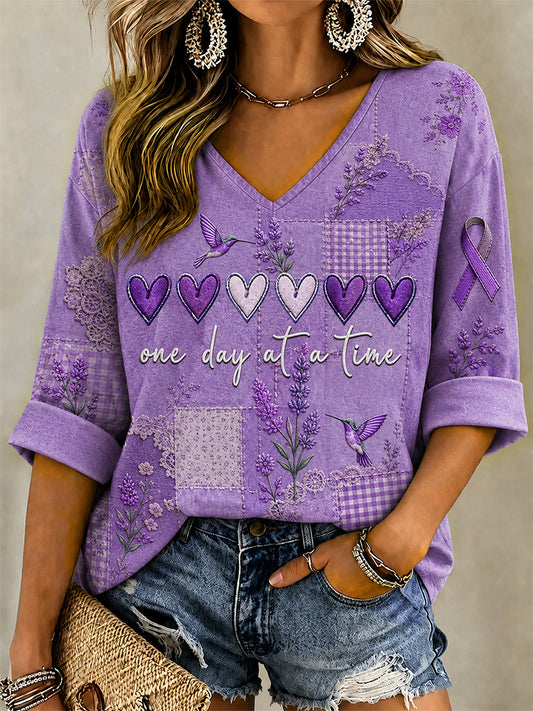 Women's Purple Floral & Alzheimer's Awareness Support Print V-Neck Tee