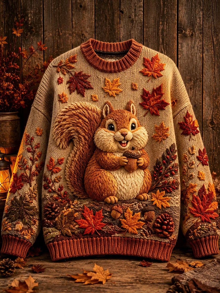 Women's Autumn Squirrel Maple Leaf Art Sweater