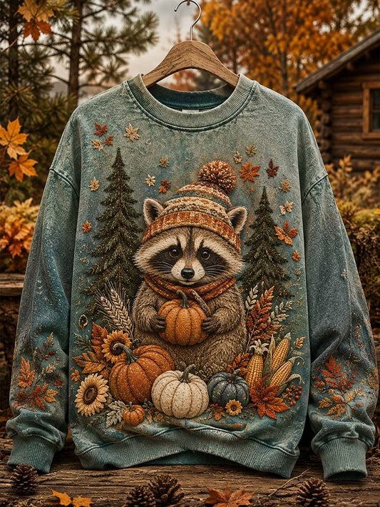 Women's Autumn Raccoon Pumpkin Maple Leaf Art Sweatshirt
