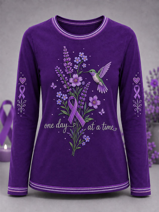Women's Purple Floral & Alzheimer's Awareness Support Print Long Sleeve T-Shirt