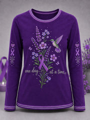 Women's Purple Floral & Alzheimer's Awareness Support Print Long Sleeve T-Shirt