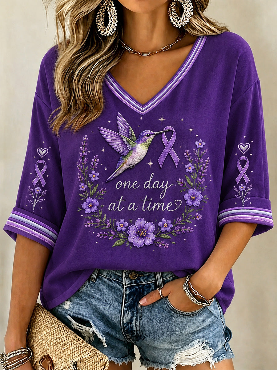 Women's Purple Floral & Alzheimer's Awareness Support Print V-Neck Tee