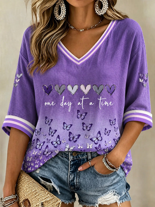 Women's Purple Floral & Alzheimer's Awareness Support Print V-Neck Tee