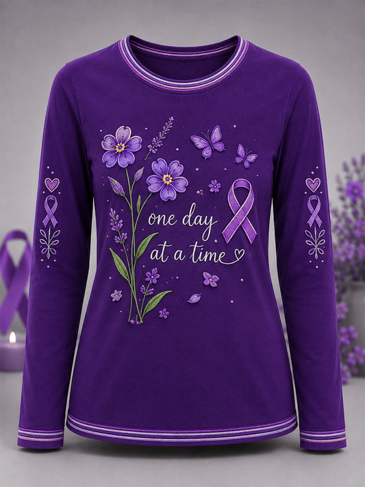 Women's Purple Floral & Alzheimer's Awareness Support Print Long Sleeve T-Shirt