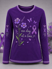 Women's Purple Floral & Alzheimer's Awareness Support Print Long Sleeve T-Shirt