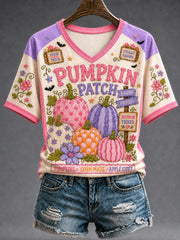 Women's Fall  Halloween Pumpkin Bat Short Sleeve T-shirt