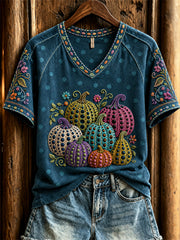 Women's Colorful Pumpkins Floral Polka Dots Art Print short-sleeved T-shirt
