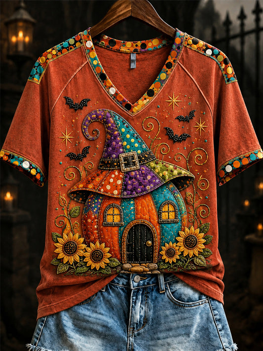 Women's Fall  Halloween Pumpkin Bat Short Sleeve T-shirt