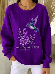 Women's Purple Floral & Hummingbird Print Alzheimer's Awareness Support Ribbed Round-Neck Sweatshirt