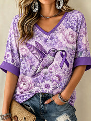 Women's Alzheimer's Awareness Purple Floral Hummingbird Print Mid-length Sleeves T-Shirt