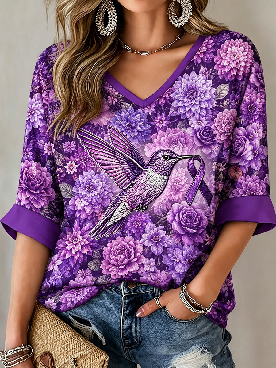 Women's Alzheimer's Awareness Purple Floral Hummingbird Print Mid-length Sleeves T-Shirt