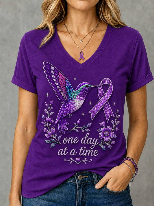 Women's Purple Floral & Hummingbird Print Alzheimer's Awareness Support V-Neck Tee