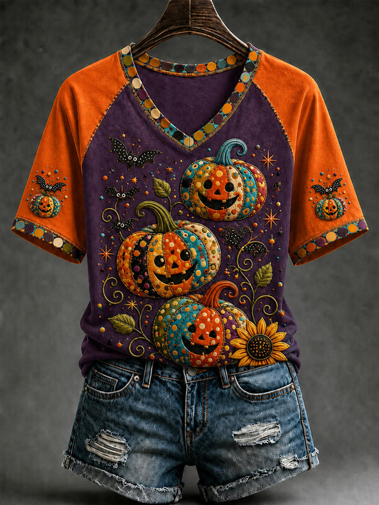 Women's Fall  Halloween Pumpkin Bat Short Sleeve T-shirt