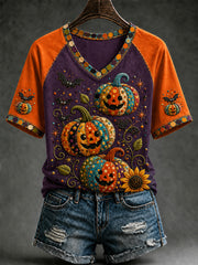 Women's Fall  Halloween Pumpkin Bat Short Sleeve T-shirt