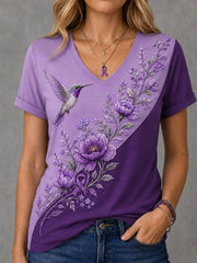 Women's Purple Floral & Hummingbird Print Alzheimer's Awareness Support V-Neck Tee