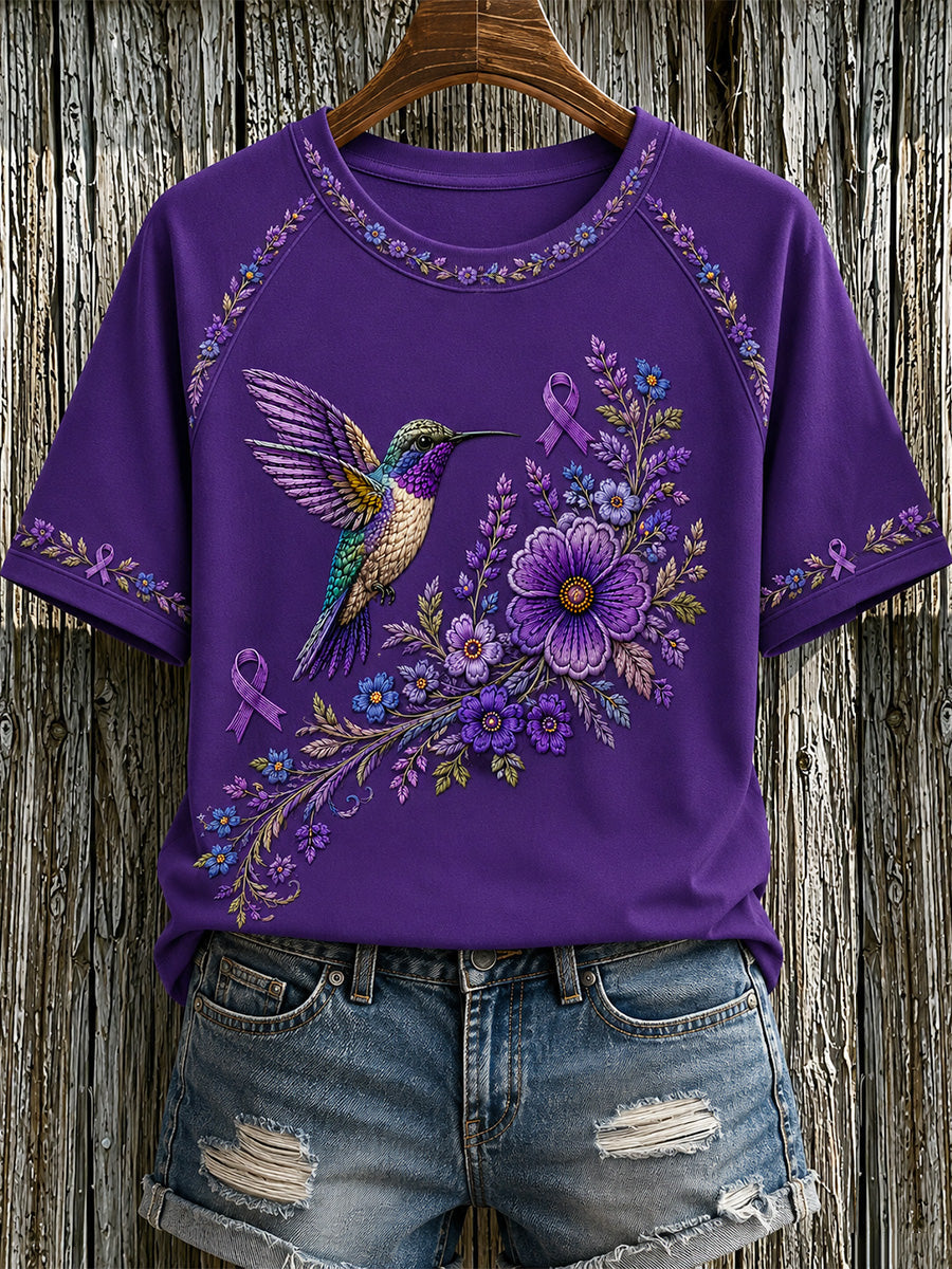 Women's Purple Floral & Hummingbird Print Alzheimer's Awareness Support Tee