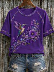 Women's Purple Floral & Hummingbird Print Alzheimer's Awareness Support Tee