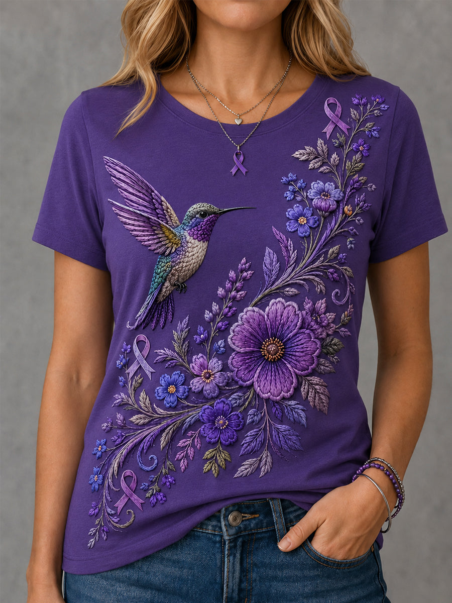 Women's Purple Floral & Hummingbird Print Alzheimer's Awareness Support Tee