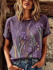 Women's purple plant flower pattern printed casual linen short-sleeved T-shirt