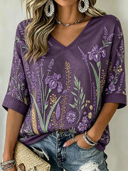 Women's Purple Plant Pattern Printed Mid-length Sleeves V-Neck T-Shirt