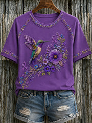 Women's Purple Floral & Hummingbird Print Alzheimer's Awareness Support Tee