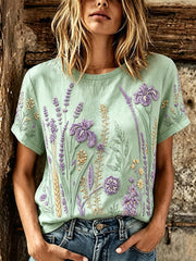 Women's purple plant flower pattern printed casual linen short-sleeved T-shirt