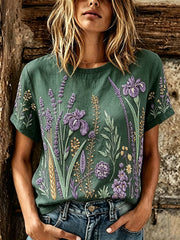 Women's purple plant flower pattern printed casual linen short-sleeved T-shirt