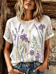 Women's purple plant flower pattern printed casual linen short-sleeved T-shirt