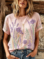 Women's purple plant flower pattern printed casual linen short-sleeved T-shirt