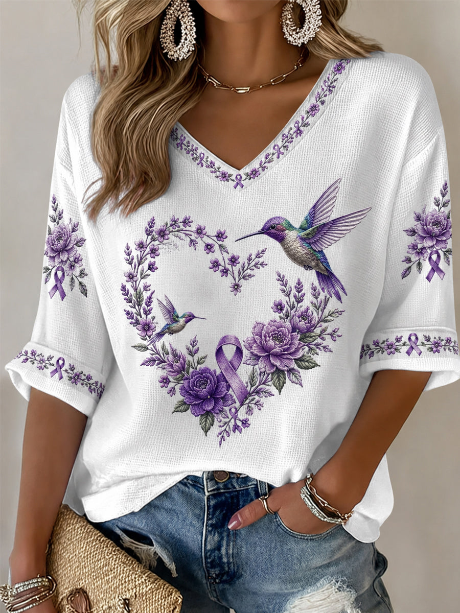 Women's Purple Floral & Hummingbird Print Alzheimer's Awareness Support Half-Sleeves V-Neck T-Shirt
