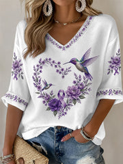 Women's Purple Floral & Hummingbird Print Alzheimer's Awareness Support Half-Sleeves V-Neck T-Shirt