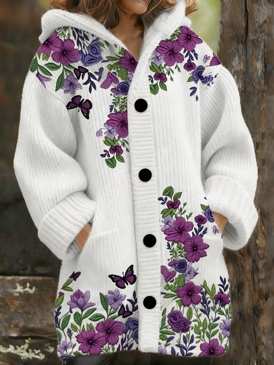 Women's Purple Floral Composite Fleece Long Coat