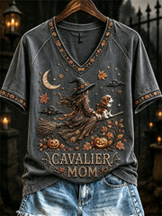 Women's Halloween Fall Cavalier Mom Witch & Dog Print short-sleeved T-shirt
