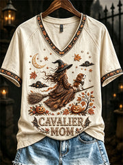 Women's Halloween Fall Cavalier Mom Witch & Dog Print short-sleeved T-shirt