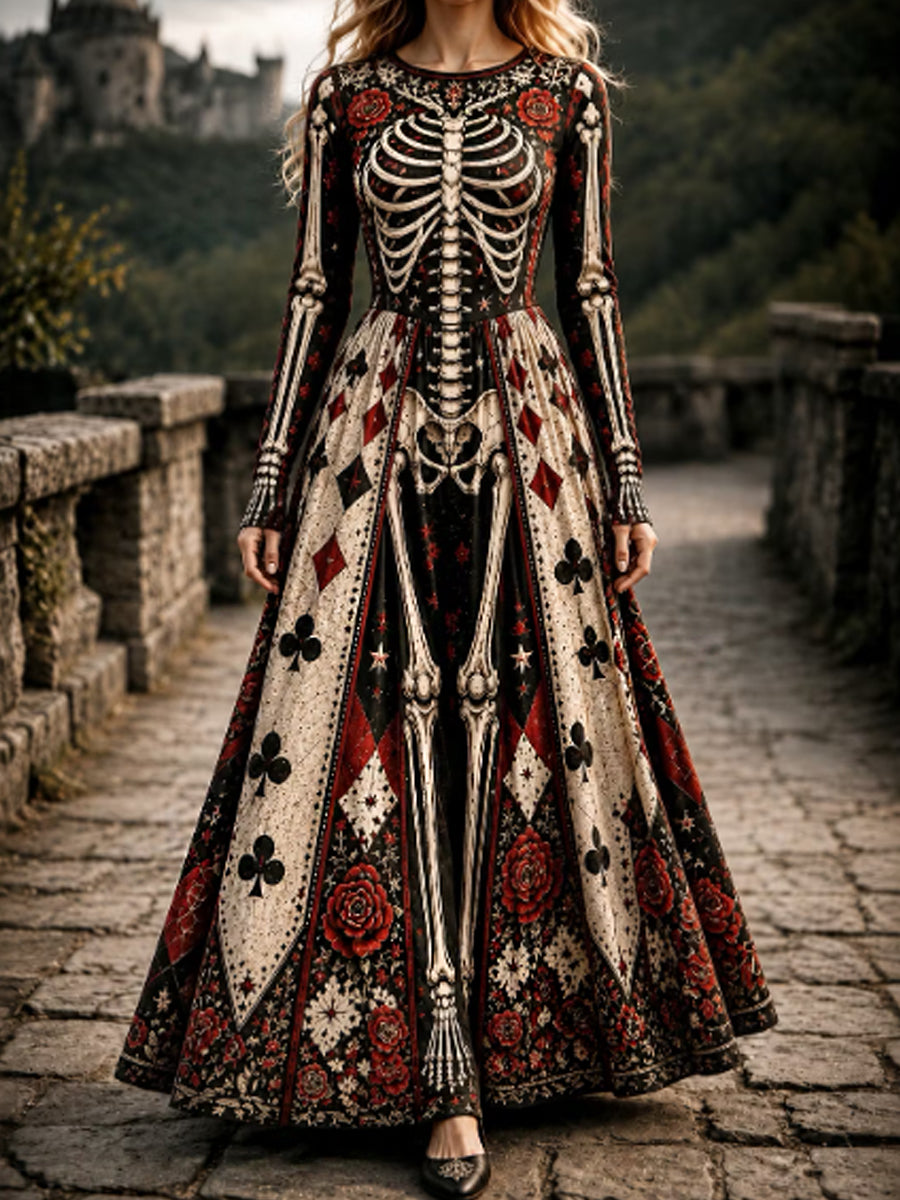 Women's Halloween Gothic Skeleton & Floral Poker Print Pattern Maxi Dress
