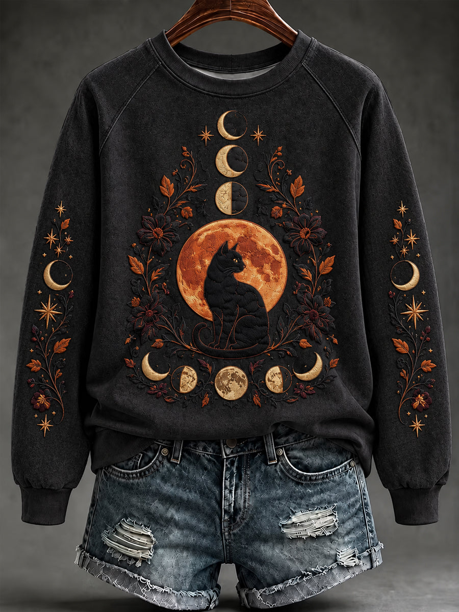 Women's Halloween Black Cat Moon Sweatshirt