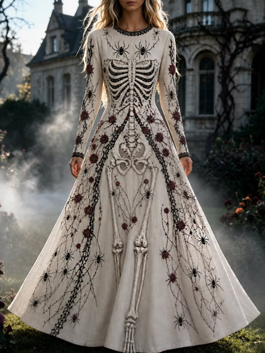 Women's Retro Gothic Skull Floral Pattern  Maxi Halloween Dress