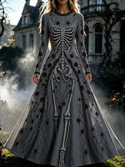 Women's Retro Gothic Skull Floral Pattern  Maxi Halloween Dress