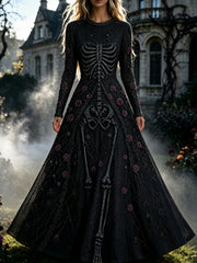 Women's Retro Gothic Skull Floral Pattern  Maxi Halloween Dress