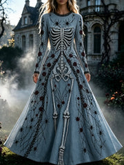 Women's Retro Gothic Skull Floral Pattern  Maxi Halloween Dress