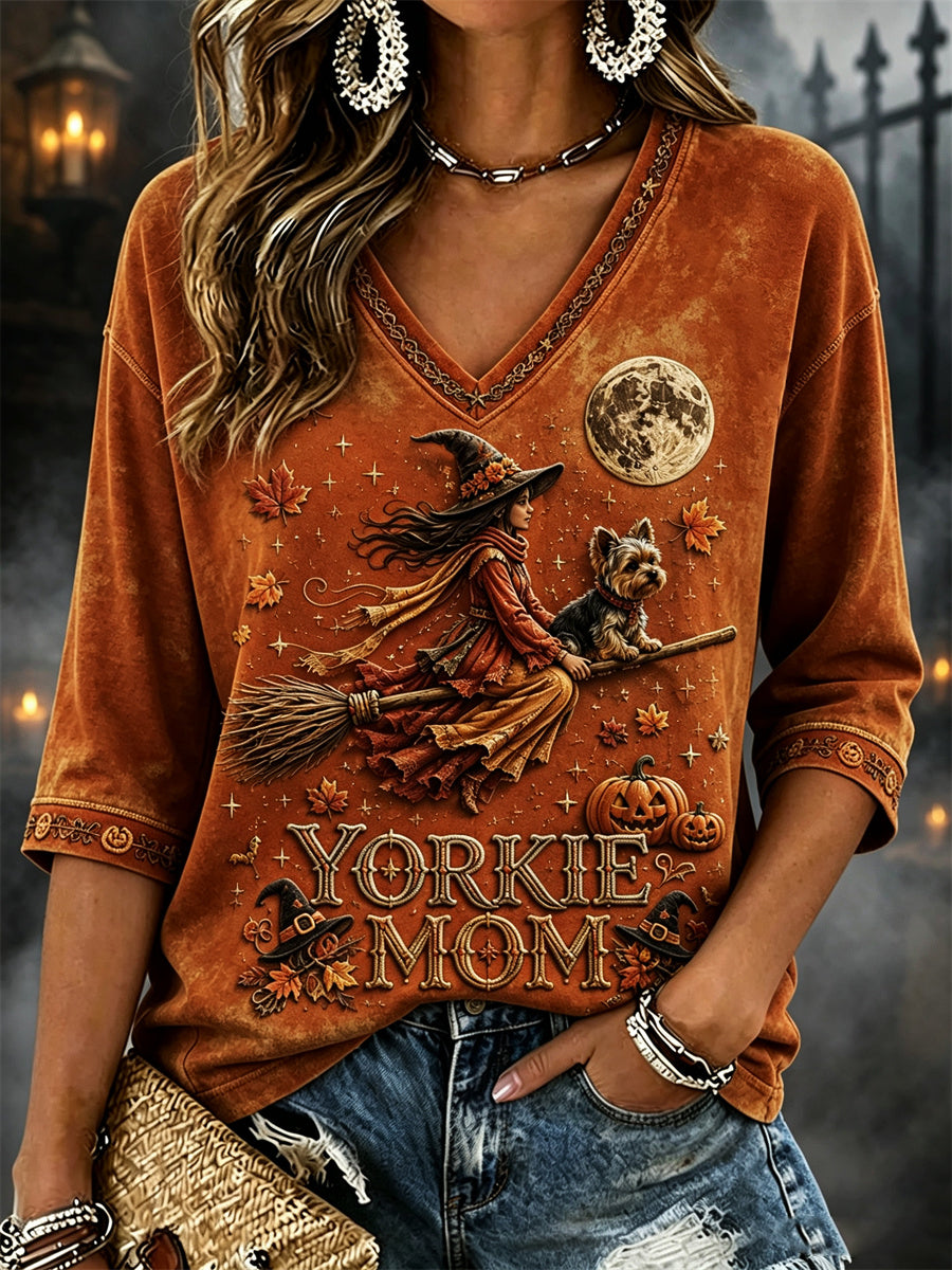 Women's Yorkie Mom Halloween Fall Witch & Dog Print Mid-length Sleeves V-Neck T-Shirt