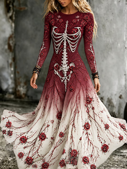 Women's Retro Gothic Skeleton And Rose Pattern Maxi Halloween Dress