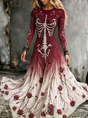 Women's Retro Gothic Skeleton And Rose Pattern Maxi Halloween Dress