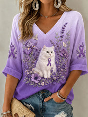 Women's Purple Floral Cat Alzheimer's Disease V-Neck T-Shirt
