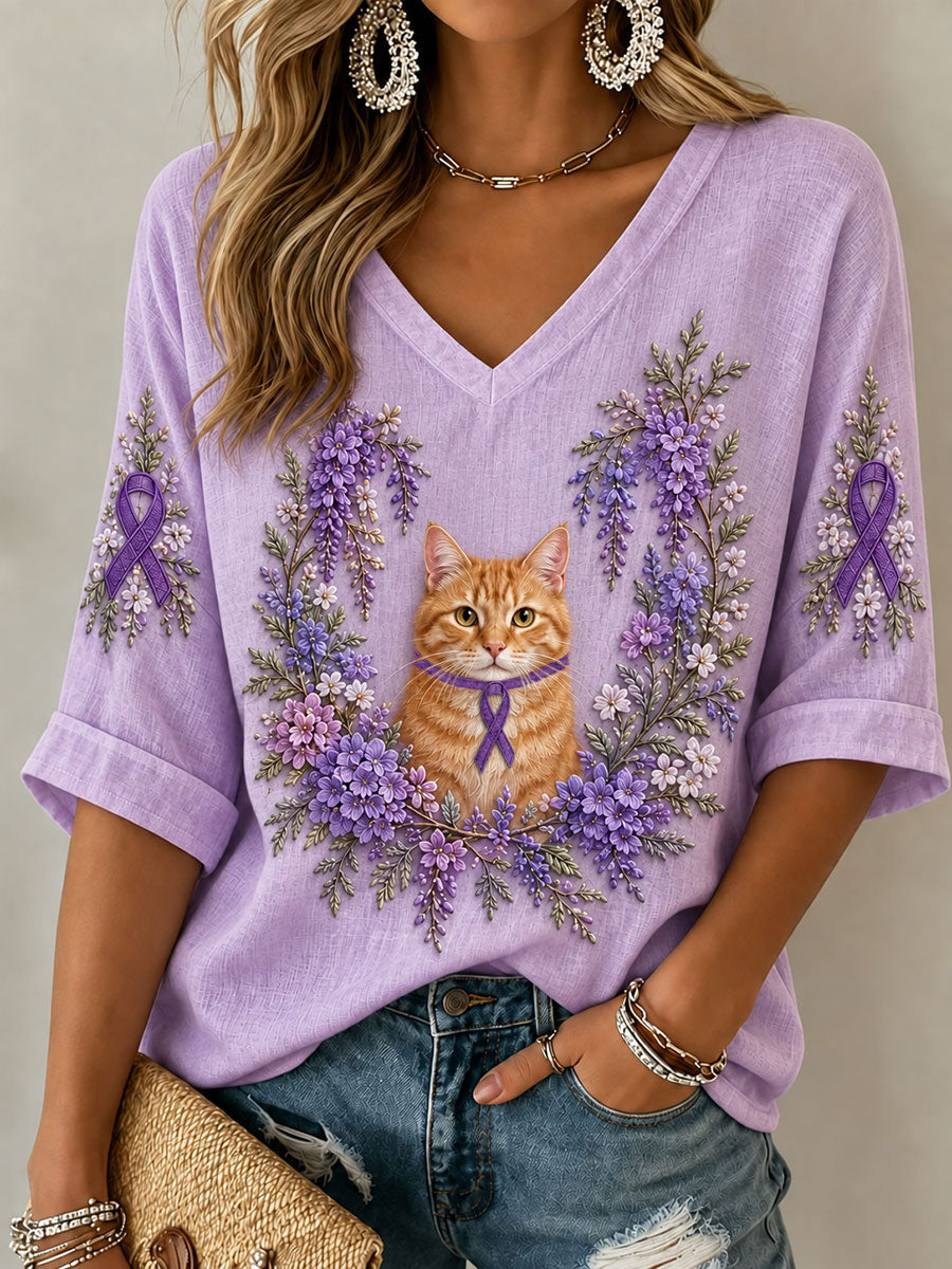 Women's Purple Floral Cat Alzheimer's Disease V-Neck T-Shirt