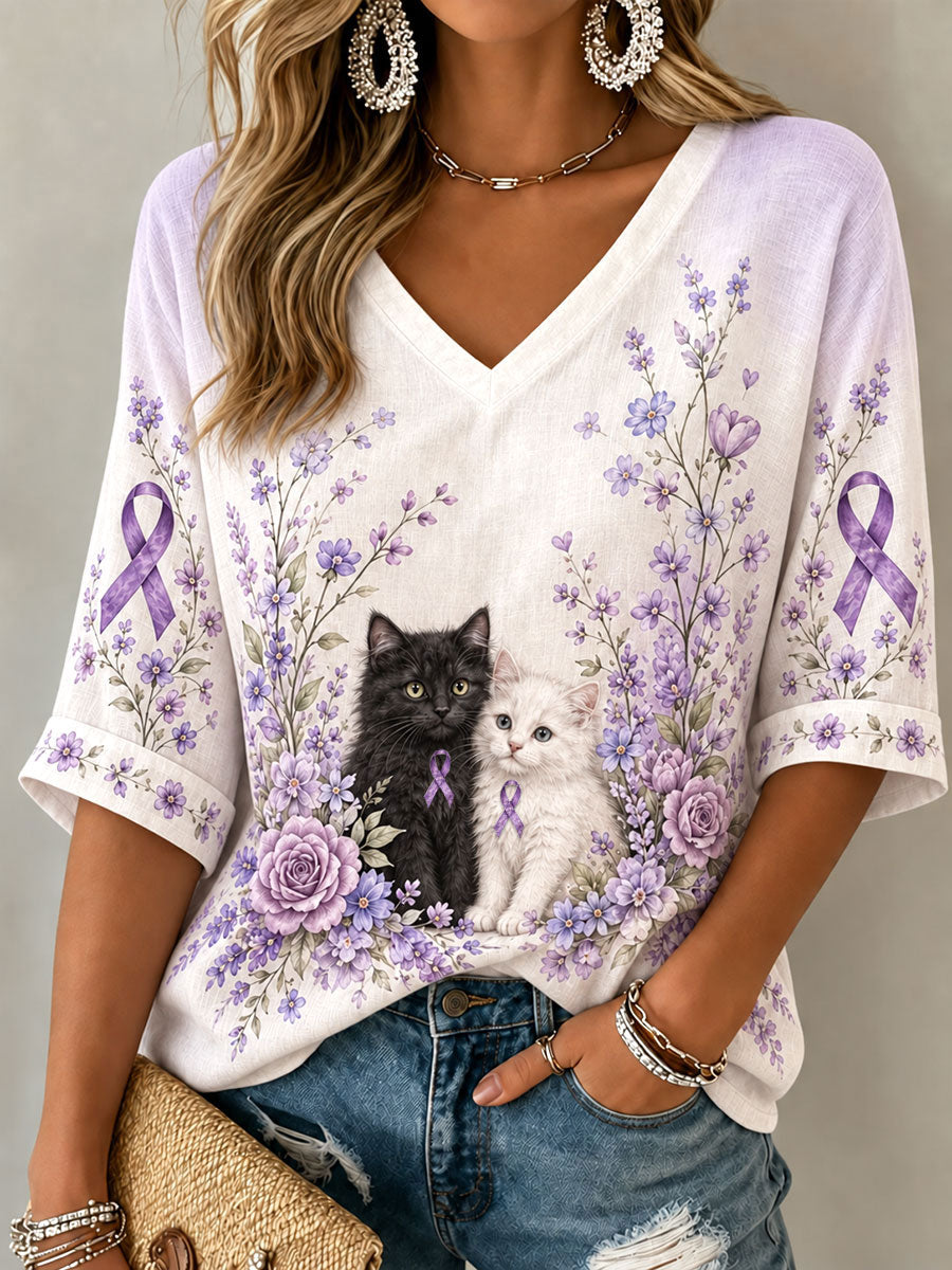 Women's Purple Floral Cat Alzheimer's Disease V-Neck T-Shirt