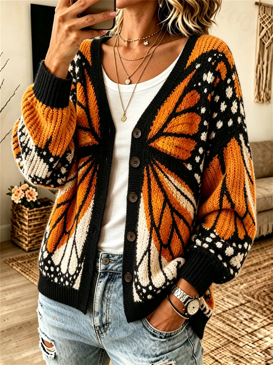 Women's Fall Monarch Butterfly Inspired Print Cozy Cardigan