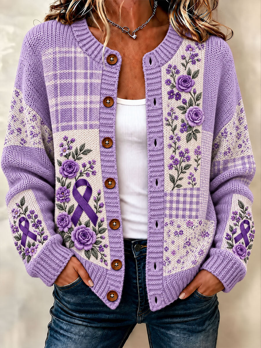 Women's Alzheimer's Disease Purple Floral Cardigan-Style Knit Jacket