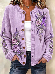 Women's Alzheimer's Disease Purple Floral Cardigan-Style Knit Jacket